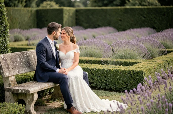 Couple de mariés assis sur un banc en pierre dans un jardin à la française avec des rangées de lavande en arrière-plan