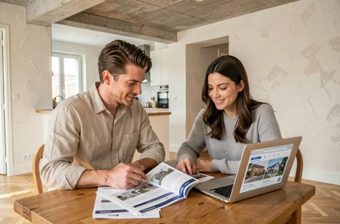 Couple consultant des annonces immobilières dans un appartement rénové en France