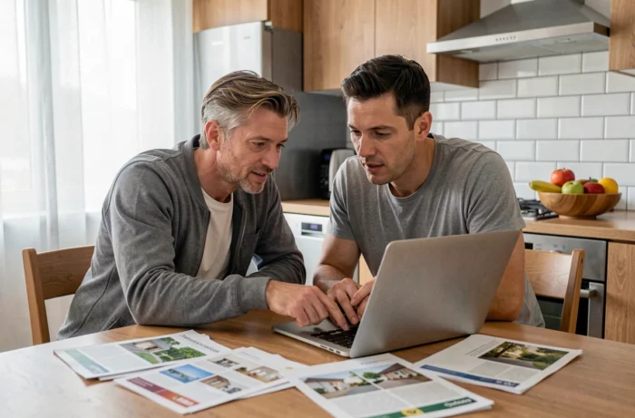 Koppel dat samen een online vastgoedservice raadpleegt in hun moderne keuken