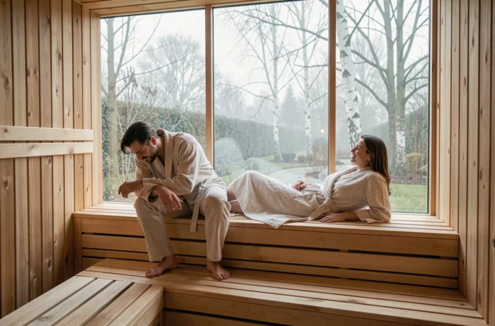 Couple se relaxant dans un sauna privatif moderne avec vue sur jardin belge en matinée brumeuse