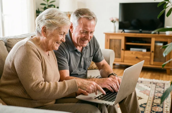 Un couple de seniors partageant un ordinateur portable dans leur salon, symbolisant l'entraide et l'apprentissage numérique en famille