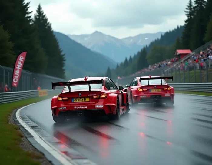 Voitures de tourisme en course sur un circuit de montagne suisse sous la pluie