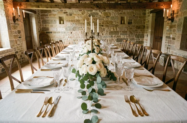 Décoration de table de mariage élégante avec vaisselle dorée, verres en cristal et roses blanches dans un château provençal