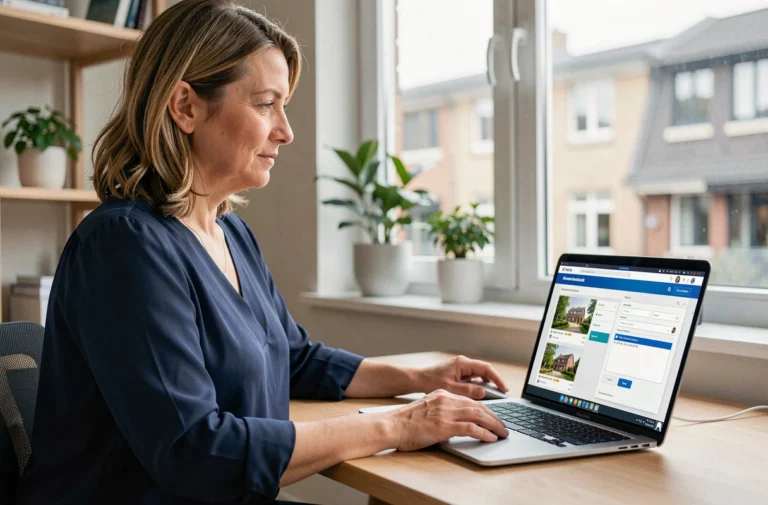 Femme utilisant un service immobilier en ligne depuis son bureau à domicile