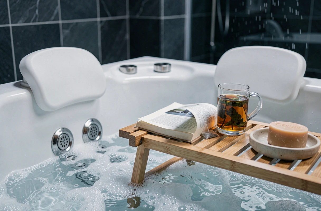 Détail des jets hydromassants et appuie-têtes d'une baignoire balnéo double avec accessoires de bien-être et eau bouillonnante