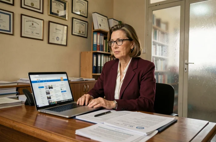 Directrice d'établissement scolaire examinant les documents officiels du pacte enseignant 2026-2027 dans son bureau administratif