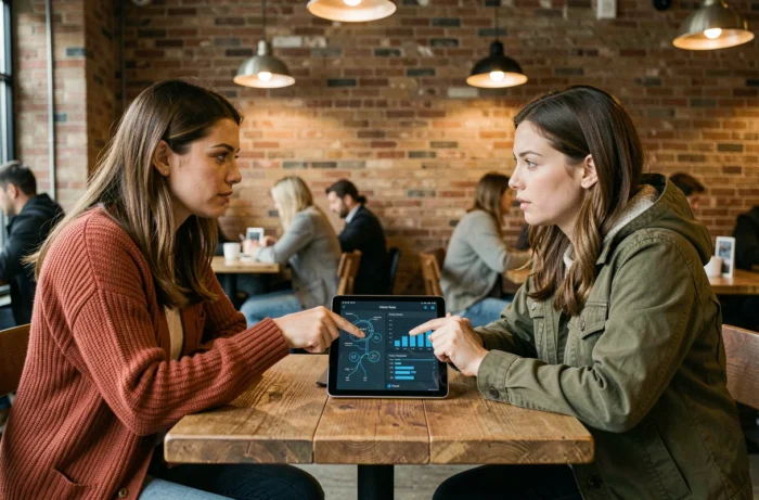 Deux femmes discutant de stratégies de protection des contenus personnels face à des fuites sur les réseaux sociaux dans un café