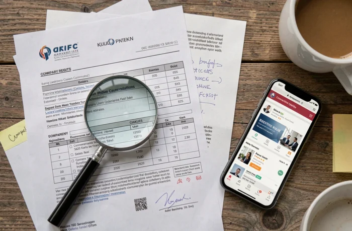 Documents officiels d'une société immobilière disposés sur un bureau avec loupe et smartphone pour une vérification étape par étape
