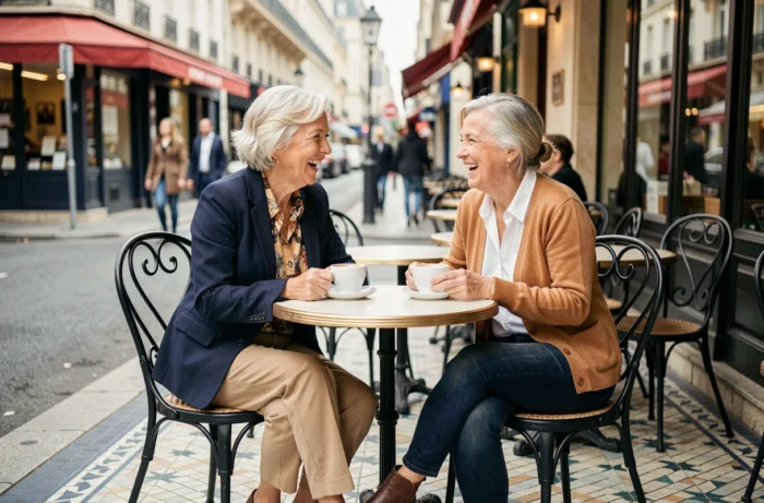 Deux femmes élégantes de plus de 75 ans bien habillées discutant autour d'un café en terrasse parisienne