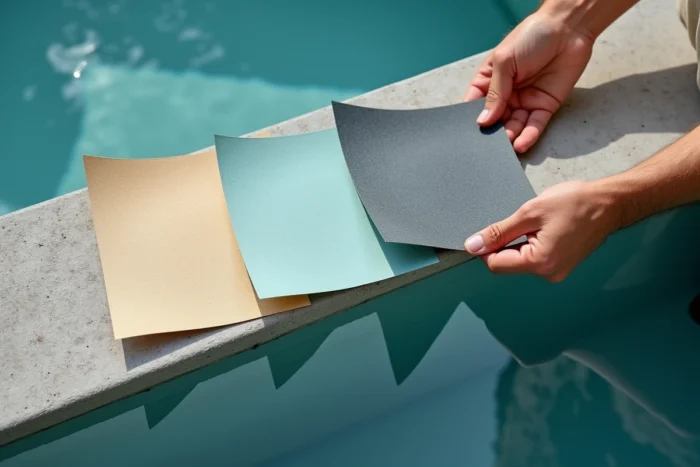 Comparaison de trois échantillons de couleurs de coques de piscine en fibre de verre, beige sable, aquamarine et gris ardoise, tenus au-dessus de l'eau pour visualiser le rendu final