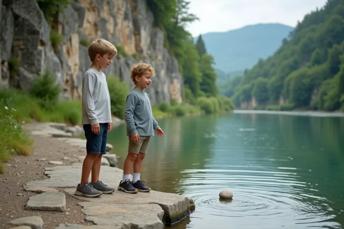 Deux enfants jouant au bord de la Nive dans les gorges du Pas de Roland au Pays basque
