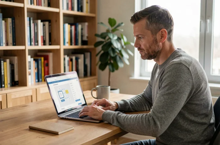 Entrepreneur travaillant seul sur la refonte de son site web et sa stratégie digitale depuis son bureau à domicile