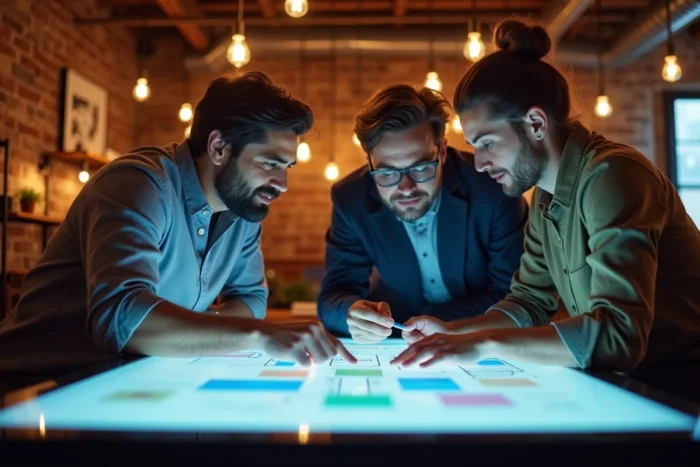 Équipe multiculturelle collaborant autour d'une table interactive numérique dans un espace de co-working, symbolisant l'innovation collective et la transformation digitale