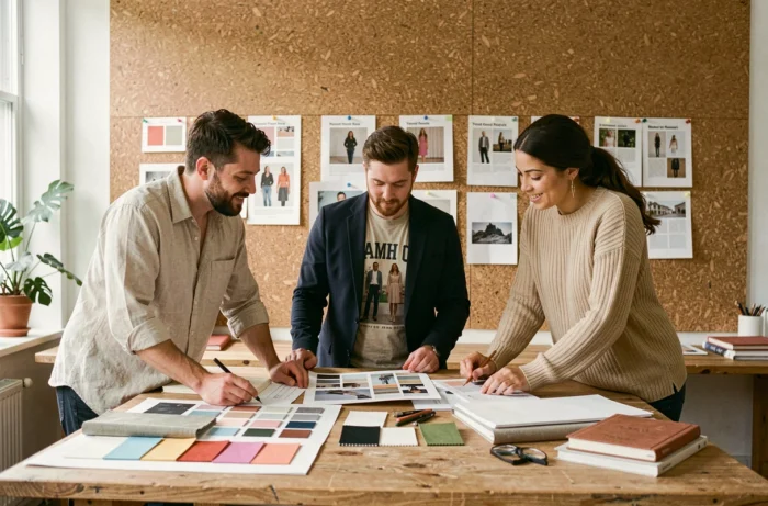 Équipe créative collaborant autour de planches tendances et d'échantillons dans un studio moderne, évoquant l'univers créatif et les actualités Marcellin
