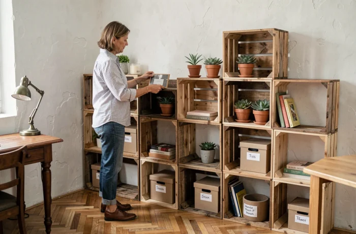 Femme aménageant des étagères DIY en caisses de bois recyclées dans un bureau à domicile décoré avec des plantes