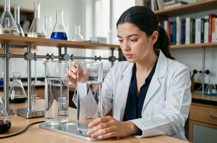 Étudiante en physique comparant deux cylindres gradués dans un laboratoire universitaire pour illustrer la notion de grandeur extensive