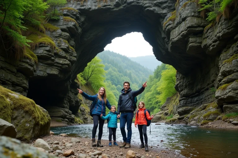 Famille en randonnée sous l'arche rocheuse du Pas de Roland dans les Pyrénées basques
