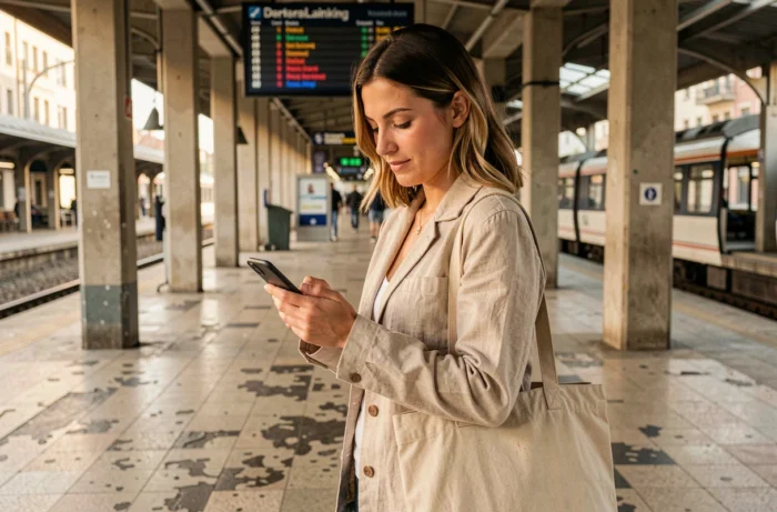 Femme consultant une application de covoiturage sur son téléphone dans une gare ferroviaire urbaine