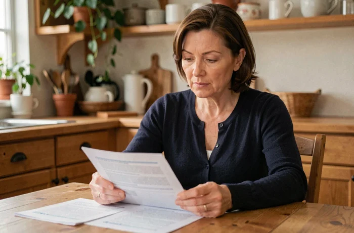 Femme d'une cinquantaine d'années étudiant des documents de mutuelle santé à sa table de cuisine, illustrant le choix d'une assurance santé pour maladie chronique