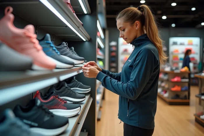 Femme comparant des chaussures de running dans un magasin de sport pour choisir le bon équipement sportif