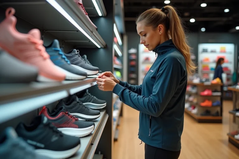 Femme comparant des chaussures de running dans un magasin de sport pour choisir le bon équipement sportif