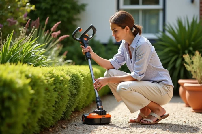 Femme examinant les caractéristiques d'un coupe-bordure à batterie dans un jardin, pour choisir la puissance idéale