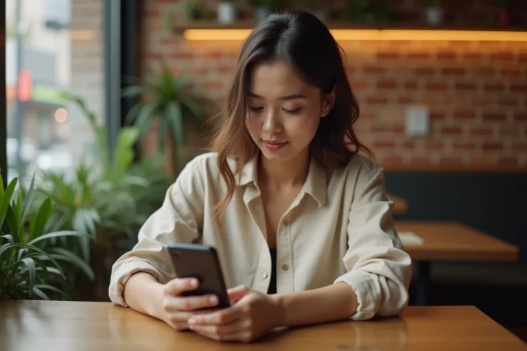 Jeune femme consultant ses demandes envoyées sur Instagram dans un café avec son smartphone