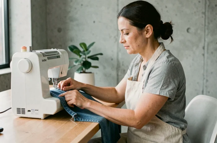 Femme cousant du tissu en denim avec une machine à coudre électronique Brother FS40 dans un espace de travail moderne