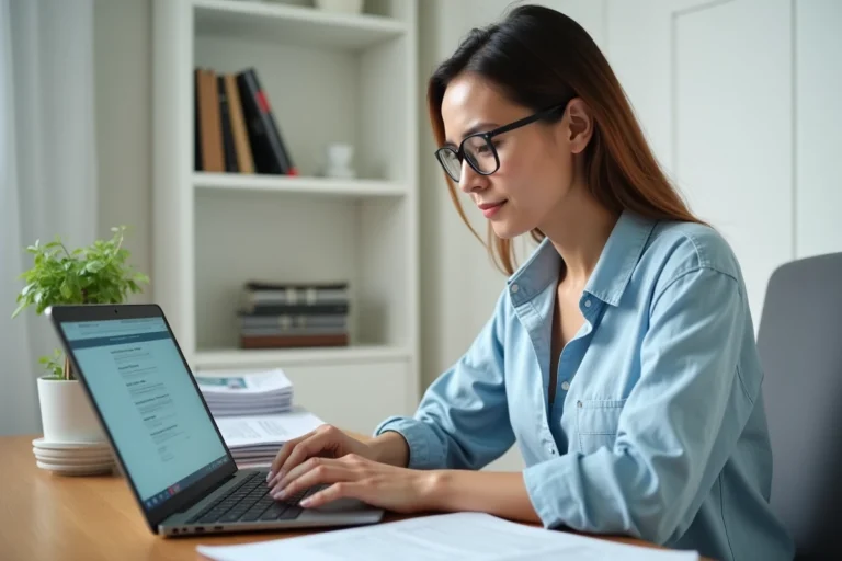 Femme accédant à un service d'état civil en ligne depuis son bureau à domicile sur un ordinateur portable