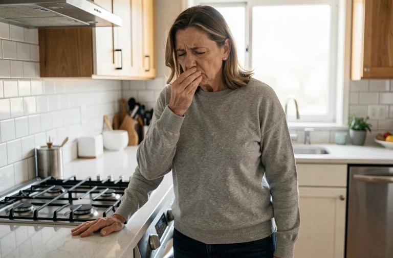 Femme inquiète qui détecte une odeur d'essence dans sa cuisine près d'une cuisinière à gaz