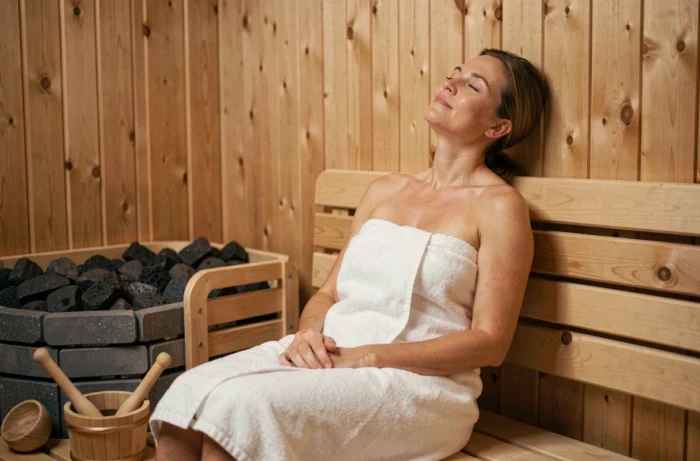 Femme détendue enveloppée dans une serviette blanche dans un sauna privatif en bois nordique en Belgique