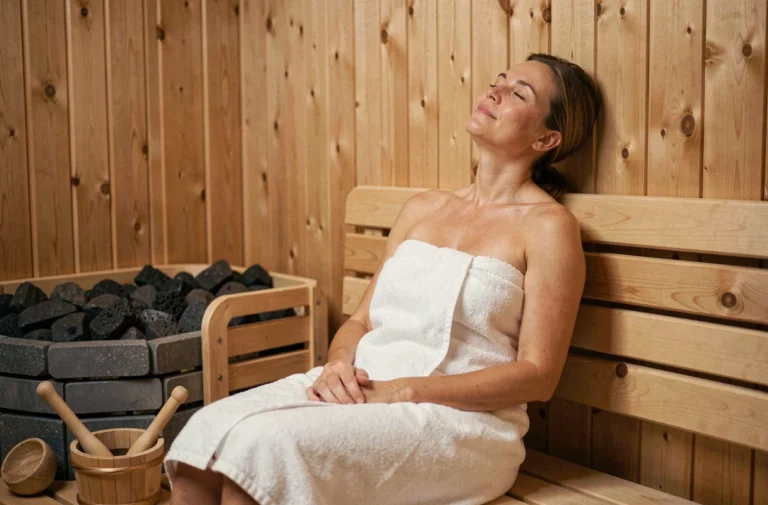Femme détendue enveloppée dans une serviette blanche dans un sauna privatif en bois nordique en Belgique
