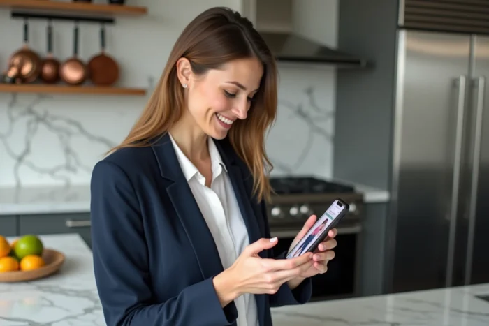 Femme élégante consultant les offres de soldes Johanna Paris sur smartphone dans une cuisine moderne au design contemporain