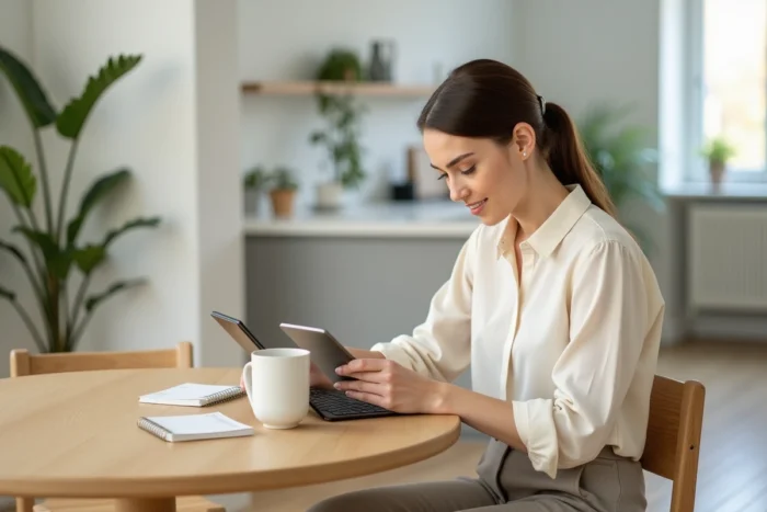 Femme consultant une application d'investissement sur tablette dans un appartement moderne pour gérer son capital personnel