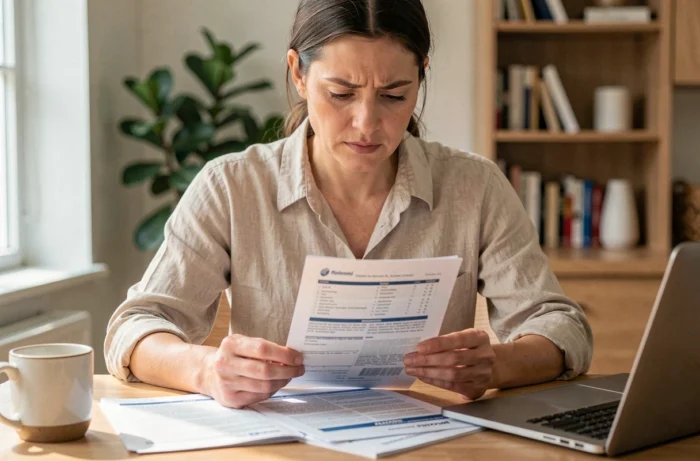 Femme lisant attentivement des documents d'assurance voyage à une table en bois chez elle