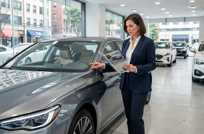 Femme consultant un magazine automobile dans une salle d'exposition de véhicules modernes