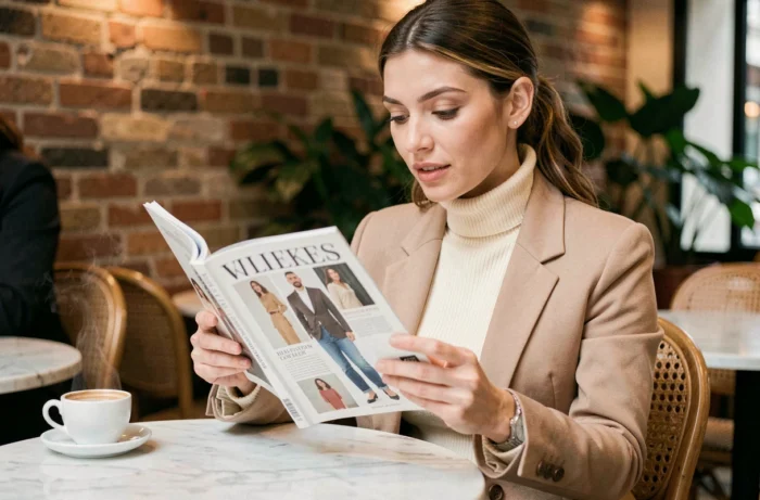 Femme élégante feuilletant un magazine tendance dans un café parisien moderne, illustrant les dernières actualités de l'univers Marcellin