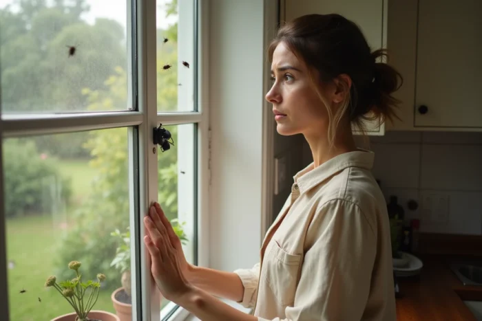 Femme inspectant une moustiquaire couverte de mouches dans une cuisine domestique, cherchant la source d'une infestation