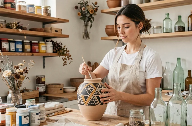 Femme peignant un vase en céramique avec des motifs géométriques dans un atelier créatif fait maison