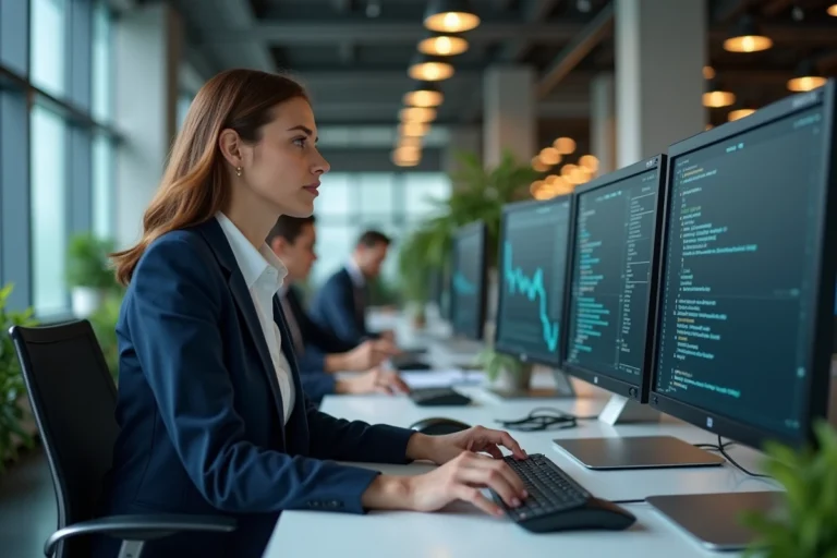 Femme professionnelle travaillant sur des tableaux de bord numériques dans un open space moderne, illustrant la transformation numérique en entreprise