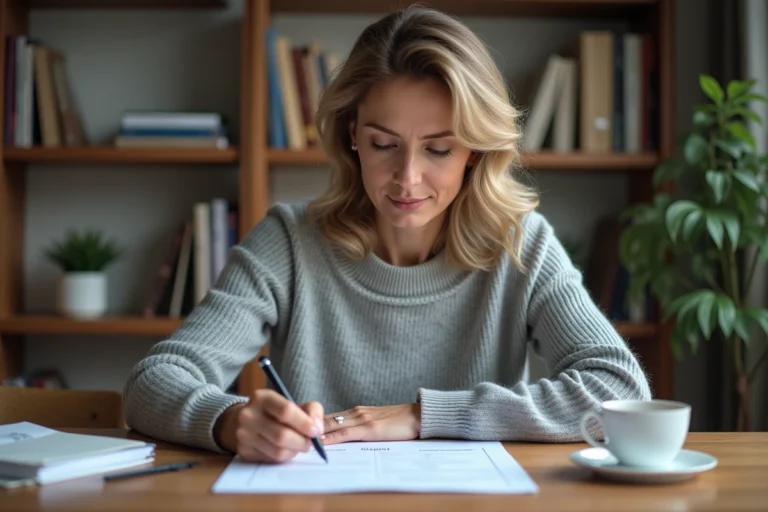 Femme remplissant un formulaire administratif cerfa à son bureau à domicile avec un stylo bille