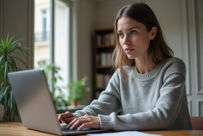 Femme utilisant le portail de services en ligne d'IntraParis sur son ordinateur portable dans un appartement parisien