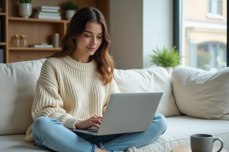 Jeune femme qui fait du shopping en ligne sur un site de mode comme Johanna Paris pendant les soldes, assise sur un canapé blanc avec un ordinateur portable