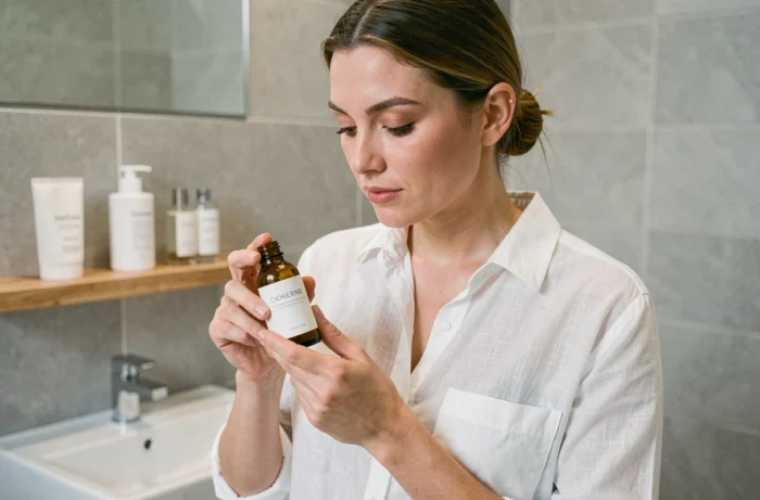 Femme inspectant un soin Typology dans une salle de bain minimaliste, illustrant la vente directe en ligne de la marque