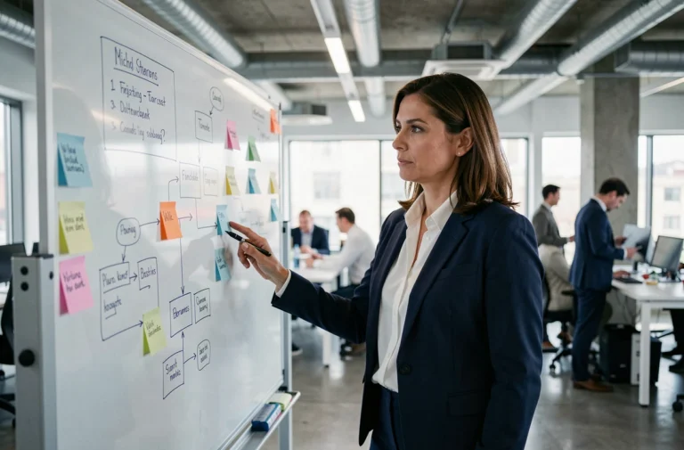 Femme professionnelle présentant une stratégie de transformation digitale sur un tableau blanc dans un bureau moderne
