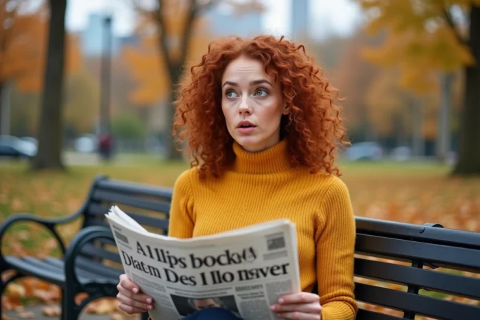 Femme surprise en lisant un fait divers insolite sur un banc de parc en automne