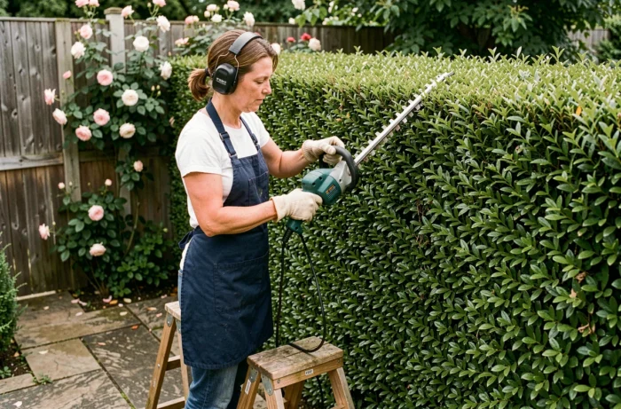 Femme sur un escabeau taillant le dessus d'une haie de troène avec un taille-haie électrique filaire dans un jardin privé