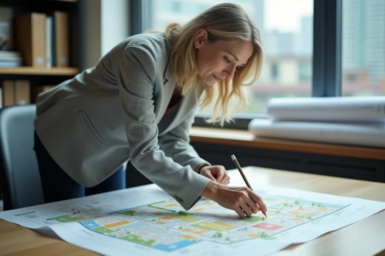 Femme urbaniste analysant une carte de plan d'urbanisme avec légende colorée sur un bureau en bois dans un bureau professionnel