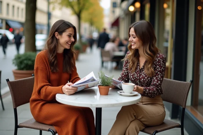 Deux femmes stylées consultant un lookbook de mode dans un café parisien en terrasse