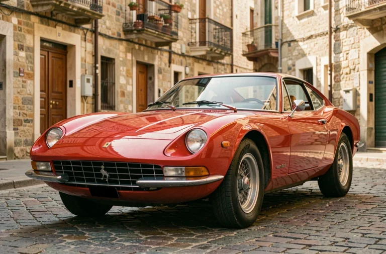 Ferrari rouge des années 1960 restaurée sur des pavés européens, emblème de l'histoire automobile classique